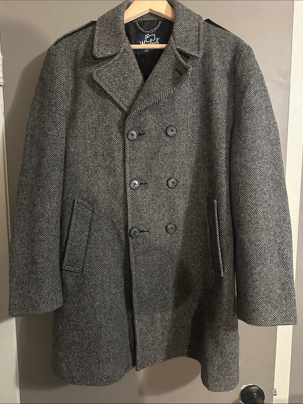 Woolrich Gray Herringbone Double-Breasted Pea Coat